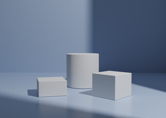 Simple Minimal Three White Podium or Stand Composition for Product Display. Geometric form 3D Rendering Light, Pastel Baby Blue Background with Window Light From Right Side.