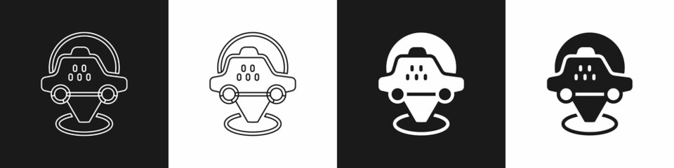 Set Map pointer with taxi car icon isolated on black and white background. Location symbol. Vector