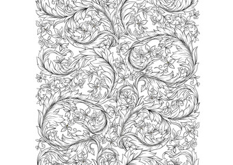 Decorative flowers and leaves in art nouveau style, vintage, old, retro style. Seamless pattern, background. Outline vector illustration.