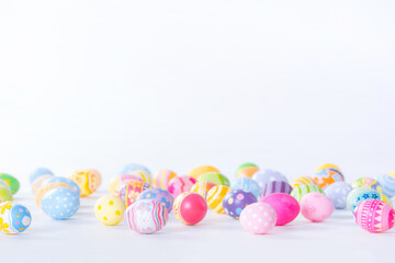 Fototapeta na wymiar Happy Easter day colorful eggs and blurred on white background with copy space