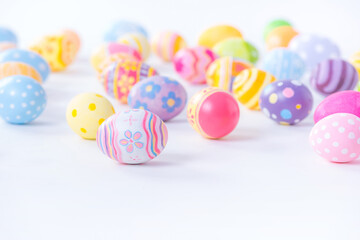Happy Easter day colorful eggs and blurred on white background with copy space