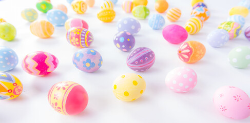 Happy Easter day colorful eggs and blurred on white background with copy space