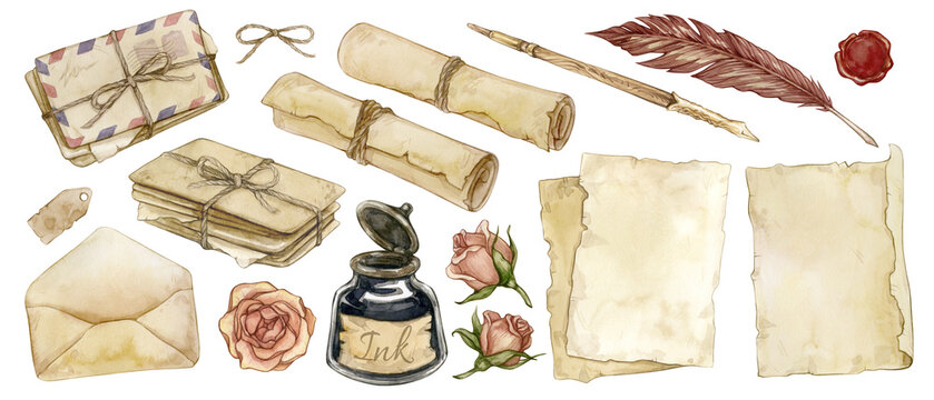 Set of watercolor illustrations of letters, roses, feather pen, inkwell, wax seal, paper and scrolls isolated on a white