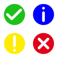 Green, yellow, blue and red icon, four symbols for passed, attention, information and rejected, isolated on white background