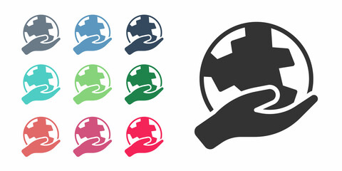 Black Human hand holding Earth globe icon isolated on white background. Save earth concept. Set icons colorful. Vector
