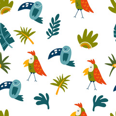 Obraz premium Parrots and tropical leaves seamless pattern. Jungles background. Endless background in childish style for fabric, textile, kids and wallpaper. Vector cartoon illustration