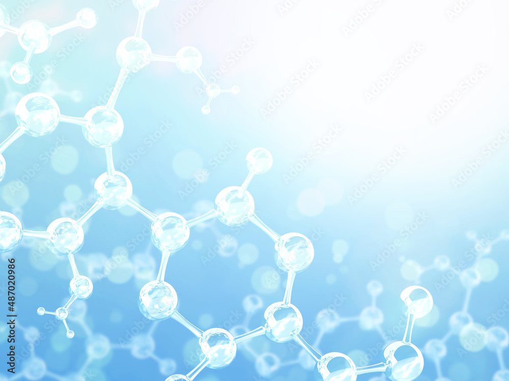 Wall mural horizontal banner with model of abstract molecular structure. background of blue color with glass mo