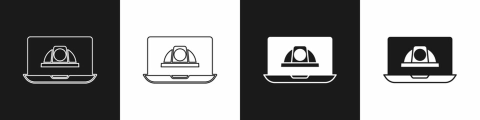 Set Worker safety helmet icon isolated on black and white background. Vector