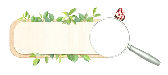 Magnifying glass, butterfly, leaves and recycled  paper label. Eco-friendly concept. Isolated on white. 3d render