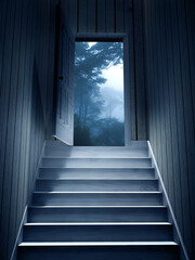 Steps leading from a dark basement to open the door. Mysterious landscape with trees in foggy...