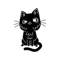 Cute black cat. Hand drawn cartoon vector illustration isolated on the white background.