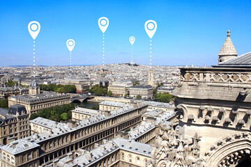 Network connection concept. Overlooking Paris and white location pins. Global positioning system...