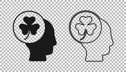 Black Human head with clover trefoil leaf icon isolated on transparent background. Happy Saint Patricks day. National Irish holiday. Vector