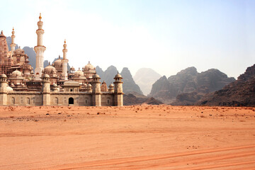 A fabulous lost city in the desert. Fantastic oriental town in the sands and rocky mountains