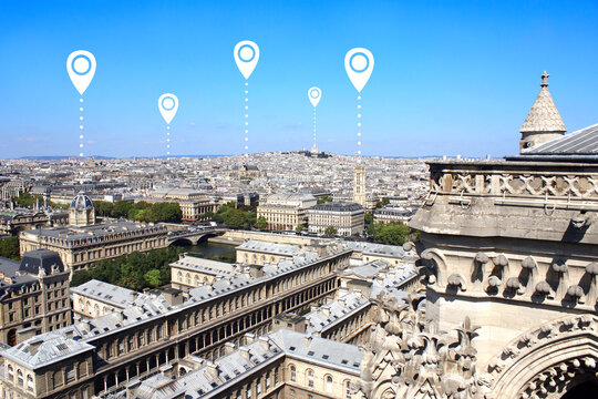 Network connection concept. Overlooking Paris and white location pins. Global positioning system pin map
