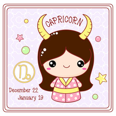 Zodiac Capricorn sign character in kawaii style. Cute chibi little girl in kimono. Square card with Zodiac symbol, date of birth and cartoon baby girl. Vector illustration EPS8