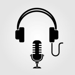 Podcast icon with Headphones and retro microphone. Vector illustration
