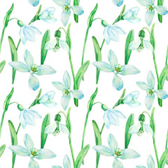 Naklejka na ściany i meble Spring seamless background with watercolor flowers of snowdrops