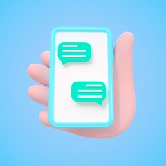 3D illustration of cartoon hand holding light blue mobile phone with text bubbles. Social media and online communication concept