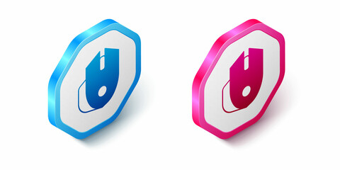 Isometric Computer mouse gaming icon isolated on white background. Optical with wheel symbol. Hexagon button. Vector