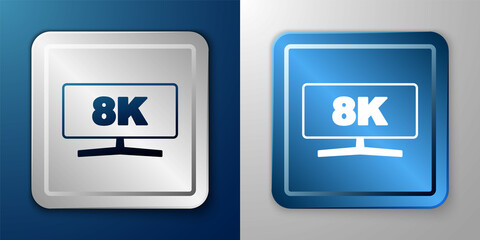 White Computer monitor icon isolated on blue and grey background. PC component sign. Silver and blue square button. Vector