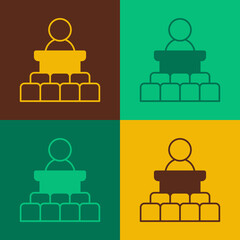 Pop art Speaker icon isolated on color background. Orator speaking from tribune. Public speech. Person on podium. Vector