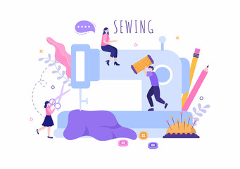Tailor with Sewing, Cloth, Pincushion, Threads, Fashion Designer, Seamstress, Scissors and Measuring to Make Clothes in Flat Background Illustration