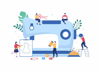 Tailor with Sewing, Cloth, Pincushion, Threads, Fashion Designer, Seamstress, Scissors and Measuring to Make Clothes in Flat Background Illustration