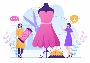 Tailor with Sewing, Cloth, Pincushion, Threads, Fashion Designer, Seamstress, Scissors and Measuring to Make Clothes in Flat Background Illustration