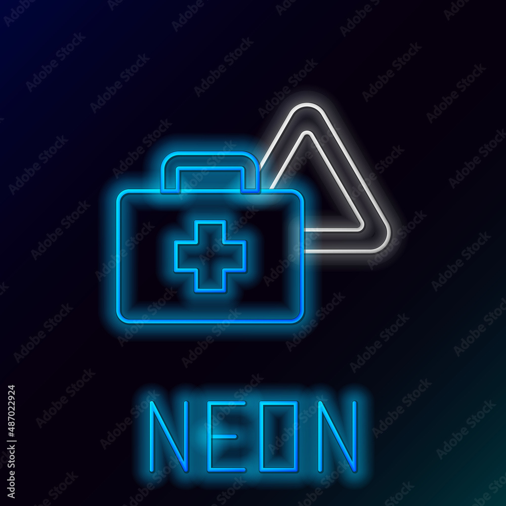 Canvas Prints Glowing neon line First aid kit and warning triangle icon isolated on black background. Must be in the car. Colorful outline concept. Vector