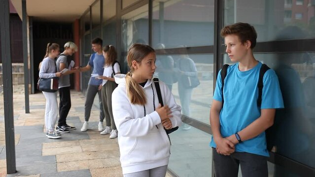 Two teenage students exchange lectures near the college building on a summer day