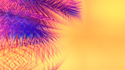 Abstract orange neon background with purple leaves.