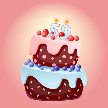 Fifty nine years birthday cake with candles number 59. Cute cartoon festive vector image. Chocolate biscuit with berries, cherries and blueberries. Happy Birthday illustration for parties