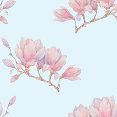 Seamless pattern of magnolia flowers. Watercolor illustration for design, ready-made seamless background with delicate flowers. botanical pattern