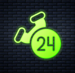 Glowing neon Telephone 24 hours support icon isolated on brick wall background. All-day customer support call-center. Full time call services. Vector