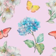 Delicate watercolor flowers and butterflies collected in a seamless pattern for design. Digitally processed seamless botanical pattern.