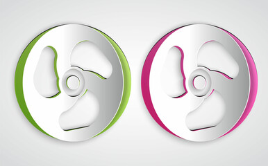 Paper cut Outboard boat motor icon isolated on grey background. Boat engine. Paper art style. Vector