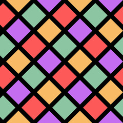 Seamless pattern of pink, yellow, red, green rhombuses on a black background for textile.