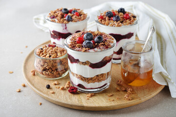 Healthy parfait with muesli berry sauce