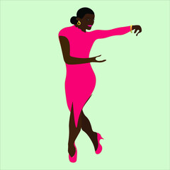 Obraz na płótnie Canvas drawing.flat illustration . An African-American black tango dancer in a pink dress is dancing. in pink shoes with a bun