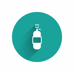 White Propane gas tank icon isolated with long shadow. Flammable gas tank icon. Green circle button. Vector