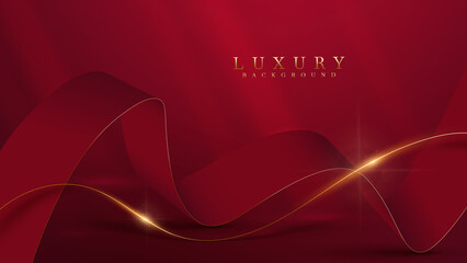 Golden curve line on red luxury background with glitter light effects decoration.