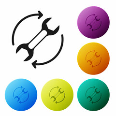 Black Wrench spanner and arrows as workflow icon isolated on white background. Adjusting, service, setting, maintenance, repair, fixing. Set icons in color circle buttons. Vector