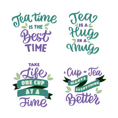 Set of handwritten lettering quotes about love tea. The collection of calligraphic phrases for poster designs
