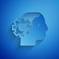 Paper cut Humanoid robot icon isolated on blue background. Artificial intelligence, machine learning, cloud computing. Paper art style. Vector