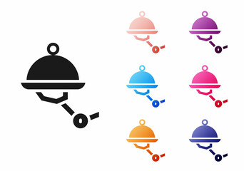 Black Waiter robot with covered plate icon isolated on white background. Artificial intelligence, machine learning, cloud computing. Set icons colorful. Vector
