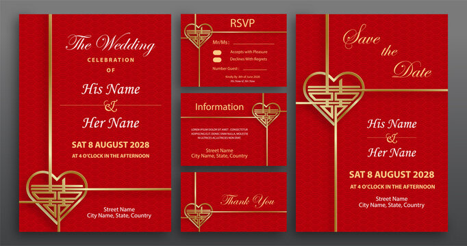 Chinese Oriental Wedding Invitation Card Template With Oriental Elements On Color Background