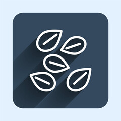 White line Seeds of a specific plant icon isolated with long shadow background. Blue square button. Vector
