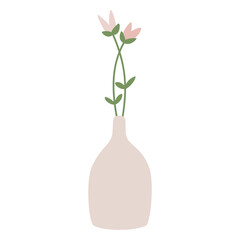 Flowers in vase. Potted flowers. Cottage core. Home decorations and interior design elements. Flat. Scandinavian style