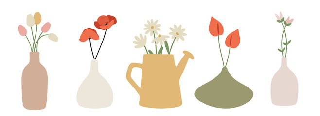 Set of flowers in vases. Potted flowers. Cottage core. Home decorations and interior design elements. Flat. Scandinavian style